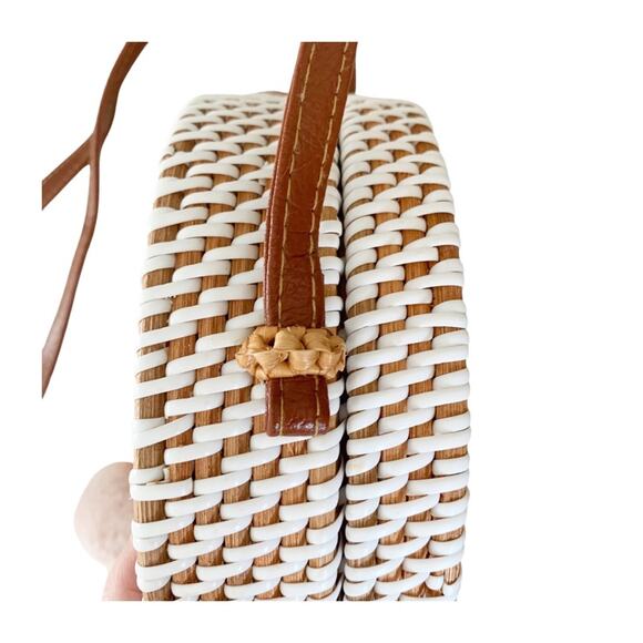 Round White Rattan Crossbody Bag With Triple Pom Charm - Picture 6 of 7